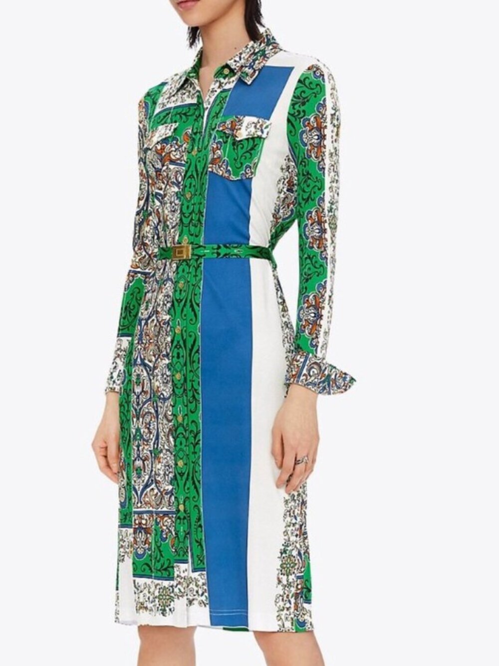 Tory Burch Colorblock Jacquard Midi Dress Blue Green NWT Size S
